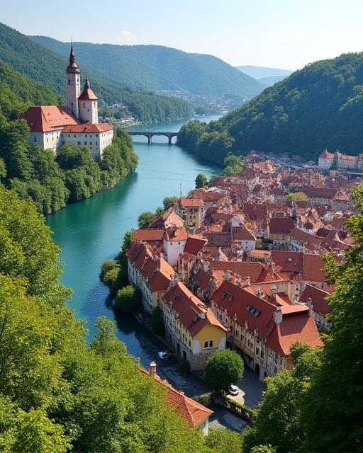 View of Cesky Krumlov castle and the Vltava river.