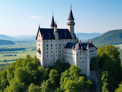 The imposing Karlstejn Castle on a sunny day.