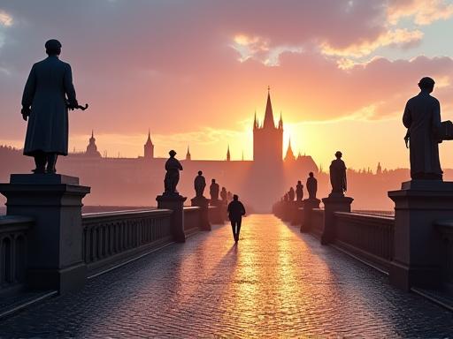 Charles Bridge in Prague at sunrise with few people